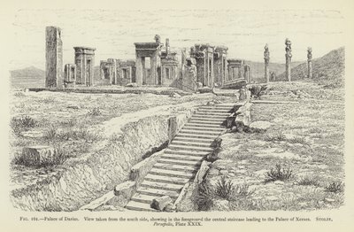 Palace of Darius, utsikt tatt fra sørsiden, viser i forgrunnen den sentrale trappen som fører til Palace of Xerxes av French School