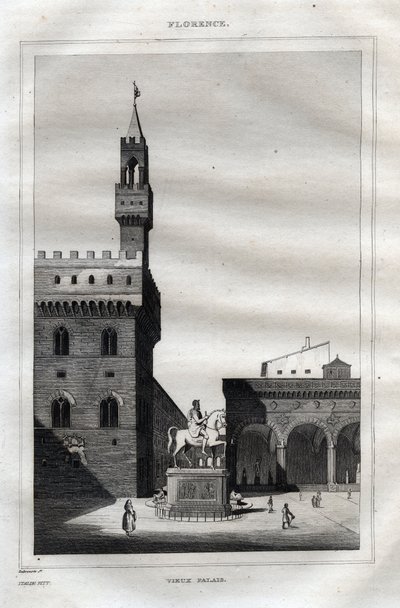 Palazzo vecchio in Florence - Piazza della Signoria - Engraving from “” Picturesque Italy” - Historical and Descriptive Painting of Italy” by M. de Norvins, Ch. Nodier 1834-1836. av French School