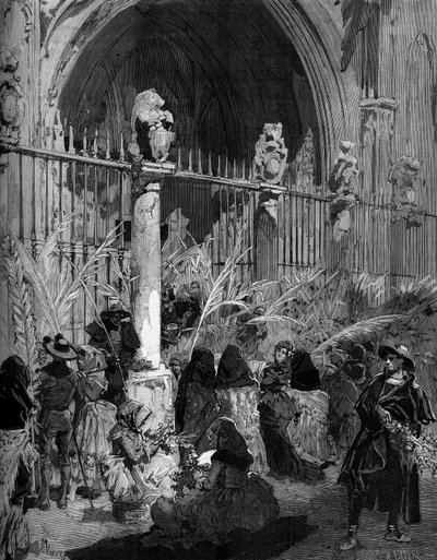 Palmesøndag i Spania: salg av benittpalmer foran katedralen i Toledo. Gravering av Jomfruen i "" The Illustrous World"" nr. 1200 av 27. mars 1880. av French School