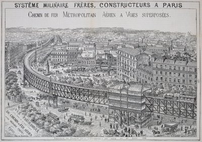 Panoramautsikt over Overground Metro i Paris, illustrasjon fra Le Metropolitain, mai 1885 av French School