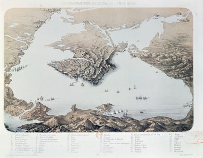 Panoramautsikt og plan over Sevastopol og Svartehavskysten på tidspunktet for Krim-krigen, 1855 av French School