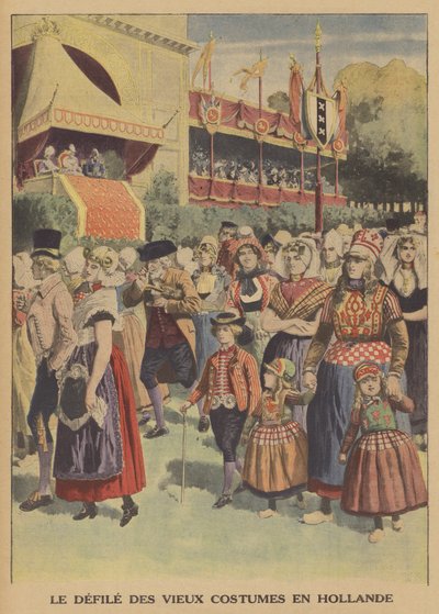 Parade av tradisjonelle kostymer i Nederland (farge litho) av French School