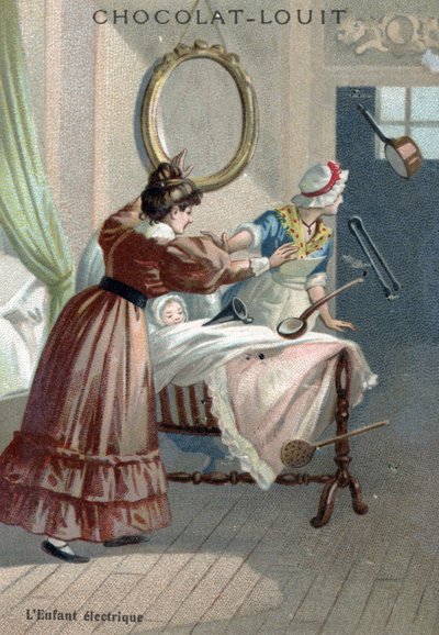 Paranormal aktivitet: en nyfødt flytter gjenstander ved levitasjon (poltergeist eller telekinese) Kromolitografi fra slutten av 1800-tallet Privat samling av French School