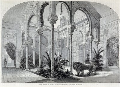 Parc de Montsouris: interiøret i Palais du Bey i Tunis på verdensutstillingen i 1867. av French School