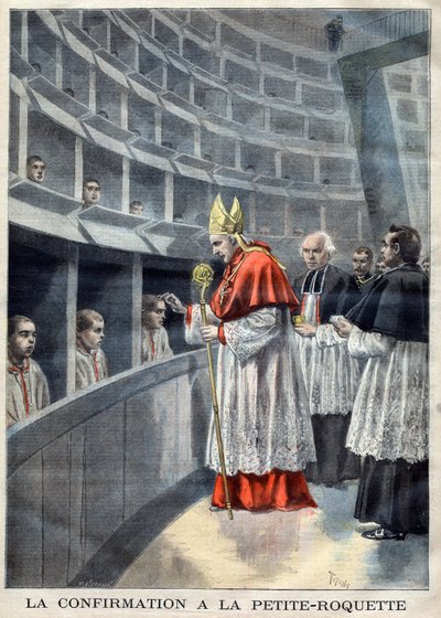 Paris - Prison de la Petite Roquette (fengsel for kvinner og ungdom) - Konfirmasjon på La Petite-Roquette - Mrg Richard, erkebiskop av Paris illustrasjon av Meaulle, Fortune Louis (1844-1901) i "Le Petite Journal", november 1896 - Religiøst bekreftelse av French School