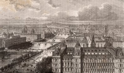 Paris - la seine - les Ponts - vue prise de la tour Saint-Gervais - engraving in “La France illustree: geography, history, statistical administration” by V.-A. Malt-Brown. 1884 av French School