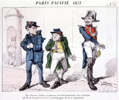 Paris Pacified 1871 - Som et mål for orden og personlig sikkerhet kan alle innbyggere i Paris bare gå ut med to stearinlys. Tegneserie om kommunen. av French School