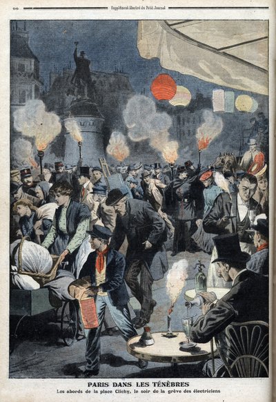 Paris i mørket - Omgivelsene til Clichy-stedet, kvelden for streiken til elektrikere - "Le petit Journal"", mars 1907 (gravering) av French School