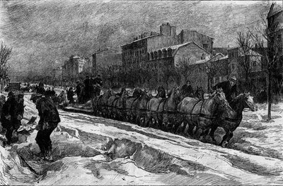 Paris under snøen, vinteren 1879-1880: isplogen (snøjakten) på Boulevard Montparnasse. Gravering i "" Le Monde Illustré"" nr. 1188 av 3. januar av French School