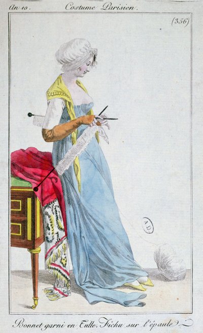 Pariser Kostüm: Haube mit Tüll besetzt, Fichu auf den Schultern, 1802 von French School