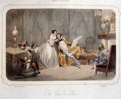 Parisiske kvelder: «ved bålet» Et borgerlig par og barn på en trehest i et interiør. Litografi fra Paris på 1800-tallet. Dekorativ kunst av French School