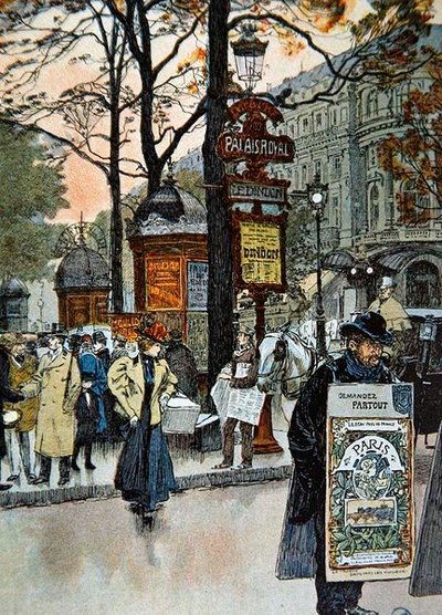 Parisisk gatebilde nær metrostasjonen Palais-Royal, ca. 1900 (farge litho) av French School