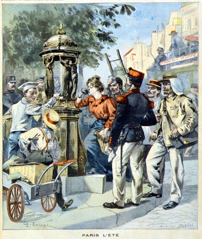 Parisere som drikker rundt en Wallace-fontene - i "Le Petit Journal" av 19.08.1900 (gravering) av French School