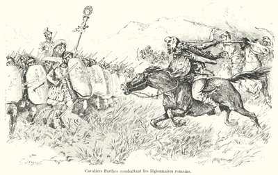 Parthisk kavaleri angriper romerske legionærer (gravering) av French School