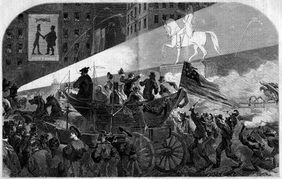 Fest i gatene i New York (New York) for å feire installasjonen av den transatlantiske telegrafiske kabelen mellom USA (USA) og England i 1858. Gravering i "" Le Monde Illustré"" nr. 79 av 16. oktober 1858. av French School