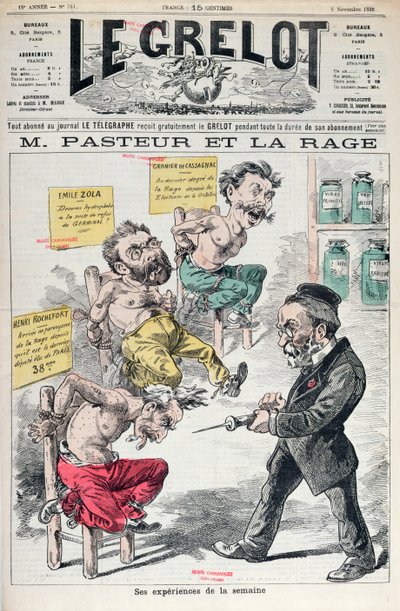 Pasteur and Rabies, karikatur av eksperimentene til Louis Pasteur (1822-95) fra Le Grelot, 8. november 1885 av French School
