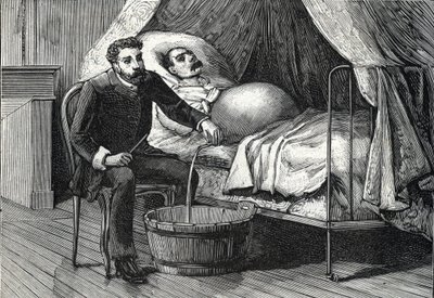 Pasient med avansert levercirrhose, lege som utfører en punktering (gravering) 1888 av French School