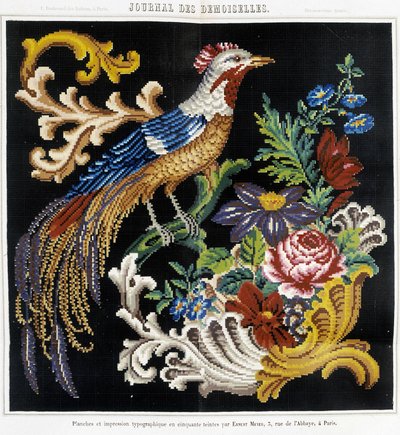 Mønster for korsstingbroderi (paradisfugl) - i "" Journal des Demoiselles"" 1852. av French School