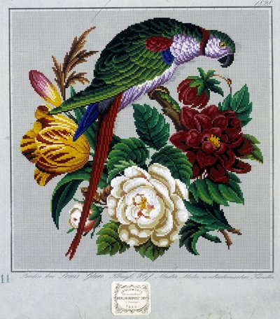 Mønster for korsstingbroderi (papegøye) - i "" Journal des Demoiselles"" 1852. av French School
