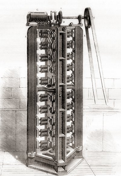 Paul-Gustave Froments vertikale elektromotor, ca. 1844, fra Les Merveilles de la Science, utgitt ca. 1870 (gravering) av French School