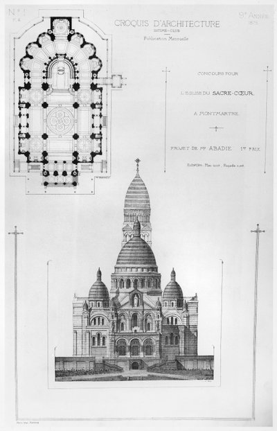 Paul Abadies vant design i konkurransen om design av Sacré-Coeur i Montmartre, fra Croquis dArchitecture, 1875 av French School