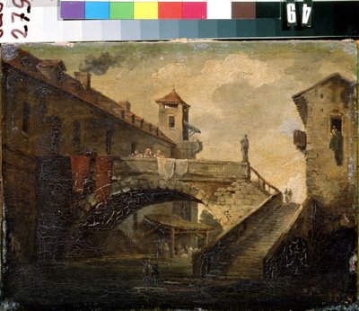 ""Landskap i en fransk landsby"" Broen og elven i et populært distrikt. Fransk skolemaleri. Mikhail Kroshitsky kunstmuseum tidlig på 1700-tallet, Sevastopol (Sevastopol) Ukraina av French School