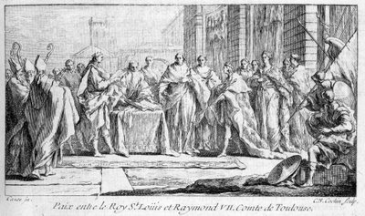 Fred mellom Raymond VII og Saint Louis 1229 i «Languedocs generelle historie» av Joseph Vaissete, Paris av French School
