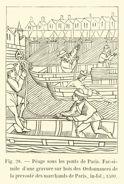Peage sous les ponts de Paris, Faksimile av en tregravering av Ordinances of the prevoste of the kjøpmenn i Paris, in-fol; 1500 av French School