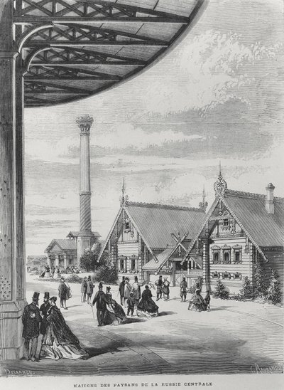 Bondehus ved den russiske paviljongen ved Exposition Universelle i 1867 (litho) av French School