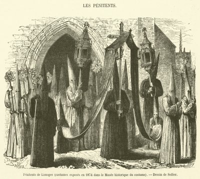 Penitents of Limoges, kostymer utstilt i 1874 i Historical Costume Museum (gravering) av French School