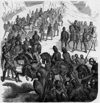 Pepin the Brief crossing the Alps at the head of the Francs to rescue the pope against the Lombards. av French School