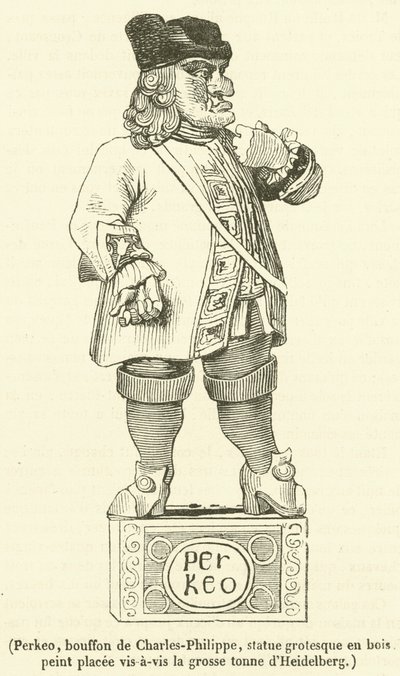 Perkeo, narr av Charles-Philippe, grotesk statue i malt tre plassert overfor det store tonnet Heidelberg (gravering) av French School