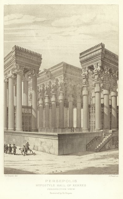 Persepolis, Hypostyle Hall of Xerxes, Perspektivutsikt, restaurert av Ch Chipiez av French School