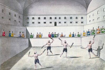 Persiske idrettsutøvere som trener i et gymsal, ca. 1820 (fargegravering) av French School