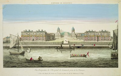 Perspektivutsikt over Greenwich Hospital på Themsen, gravert av Huquier (fargegravering) av French School