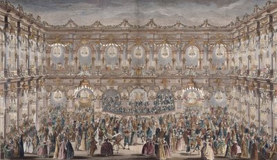 Perspektivutsikt over ballsalen, konstruert i gårdsplassen til Hotel de Ville (fargegravering) av French School
