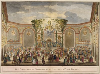 Perspektivvisning av interiøret i rommet på Place Dauphine (fargegravering) av French School
