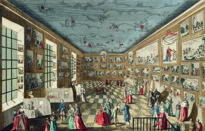 Perspektiv utsikt over salongen til Royal Academy of Painting and Sculpture ved Louvre, Paris av French School