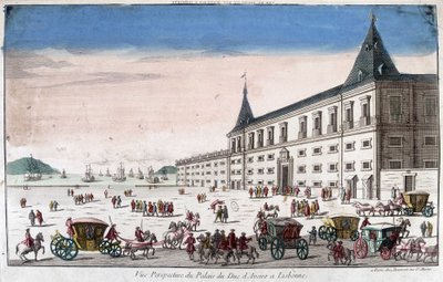 Perspektiv utsikt over palasset til hertugen av Aveiro i Lisboa - gravering av French School