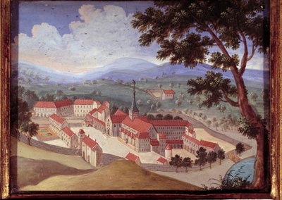 Perspektiv utsikt over klosteret Port royal des champs. Utsikt over klosteret Port-Royal-des-Champs). Anonymt maleri fra 1700-tallet. Port Royal, Musee Des Granges. av French School