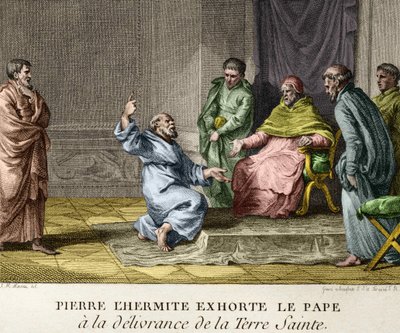 Eremitten Peter formaner pave Urban II til utfrielsen av Det hellige land i 1093 (Eremitten Peter forkynner det første korstoget) - Gravering fra figurene fra Frankrikes historie, sd. slutten av 1700-tallet av French School