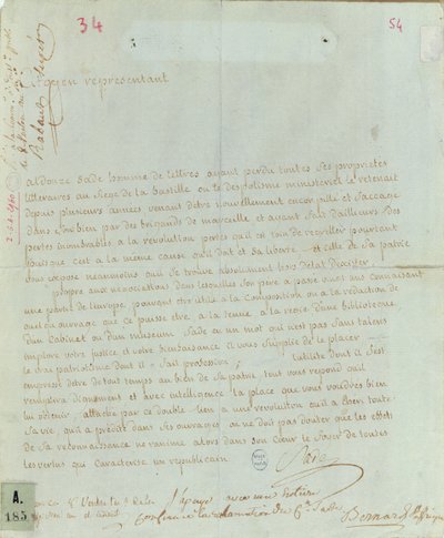 Begjæring av Aldonze Sade for ansettelse, 1794-95 (penn og blekk på papir) av French School