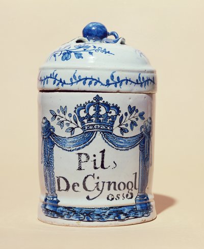 Farmasøytisk krukke for cynoglossum-tabletter, ca. 1700 (keramikk) av French School