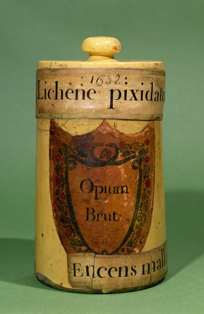 Farmasøytisk krukke for oppbevaring av rå opium, 1632 (keramikk) av French School
