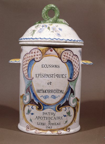 Farmasøytisk krukke fra Patry-apotekeren i Longjumeau, 1767 (keramikk) av French School