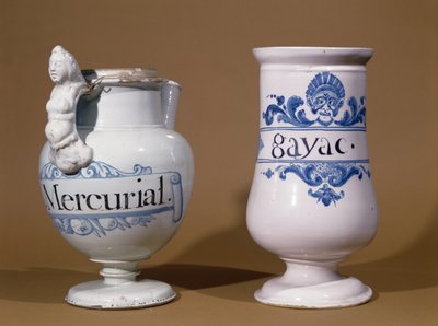 Farmasøytiske krukker for Mercurial og Gayac, to medisiner som brukes til å behandle syfilis, sent på 1600-tallet eller tidlig på 1700-tallet (keramikk) av French School