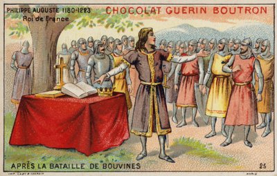 Philip Augustus, konge av Frankrike, etter slaget ved Bouvines (chromolitho) av French School