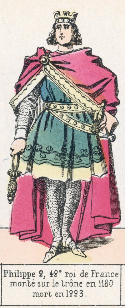 Philippe 2, 42. konge av Frankrike, besteg tronen i 1180, døde i 1223 (farget gravering) av French School