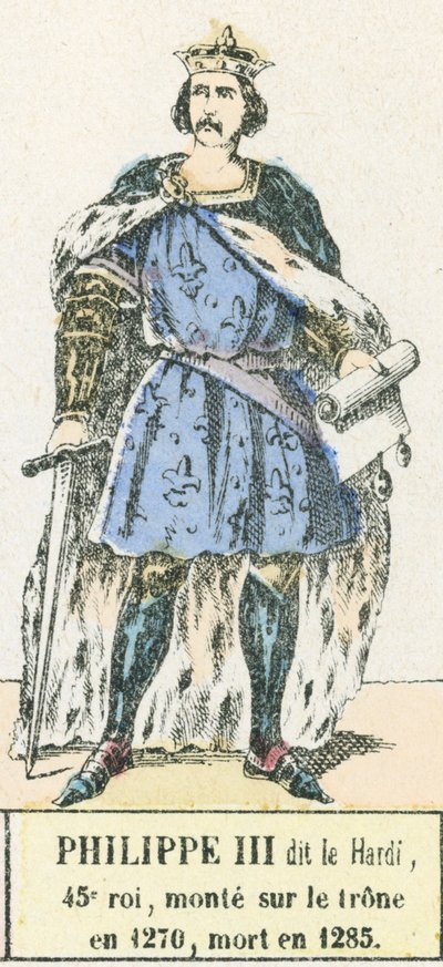 Philippe III dit le Bold, 45. konge, besteg tronen i 1270, døde i 1285 (farget gravering) av French School