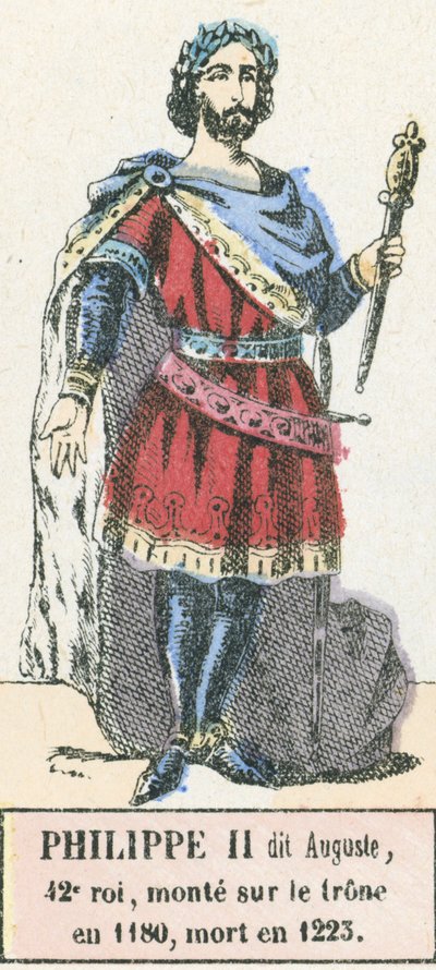 Philippe II dit Auguste, 42. konge, besteg tronen i 1180, døde i 1223 (farget gravering) av French School